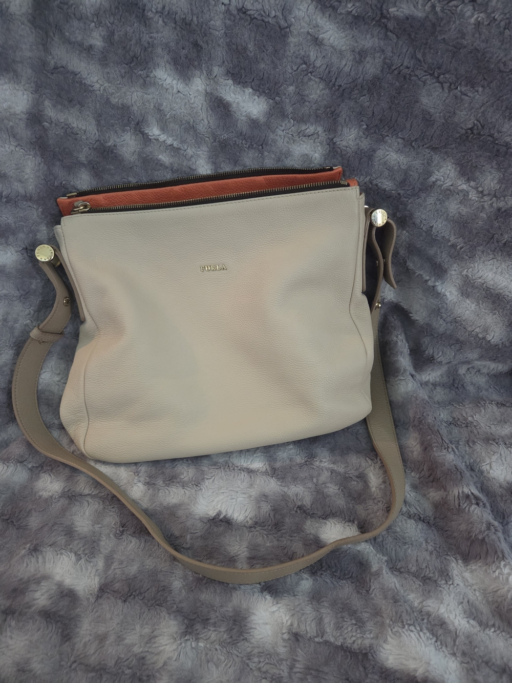 Authentic Furla Tan Leather Shoulder Bag Multi Zip Crossbody Purse - Picture 9 of 15